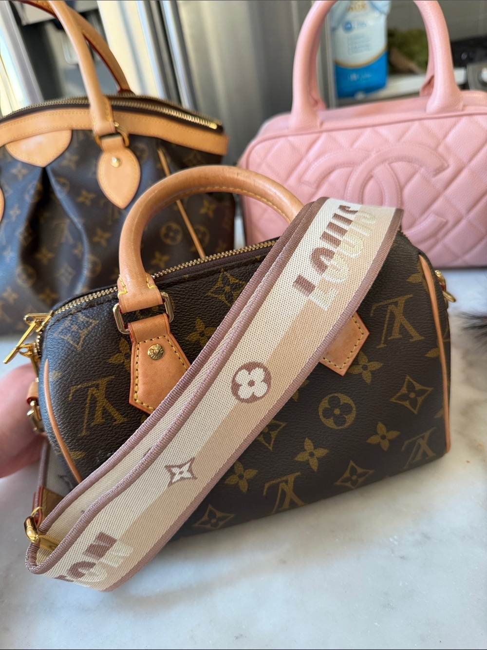 Louis Vuitton Brown Monogram Mini Speedy with Pink-Beige Webbing Strap
